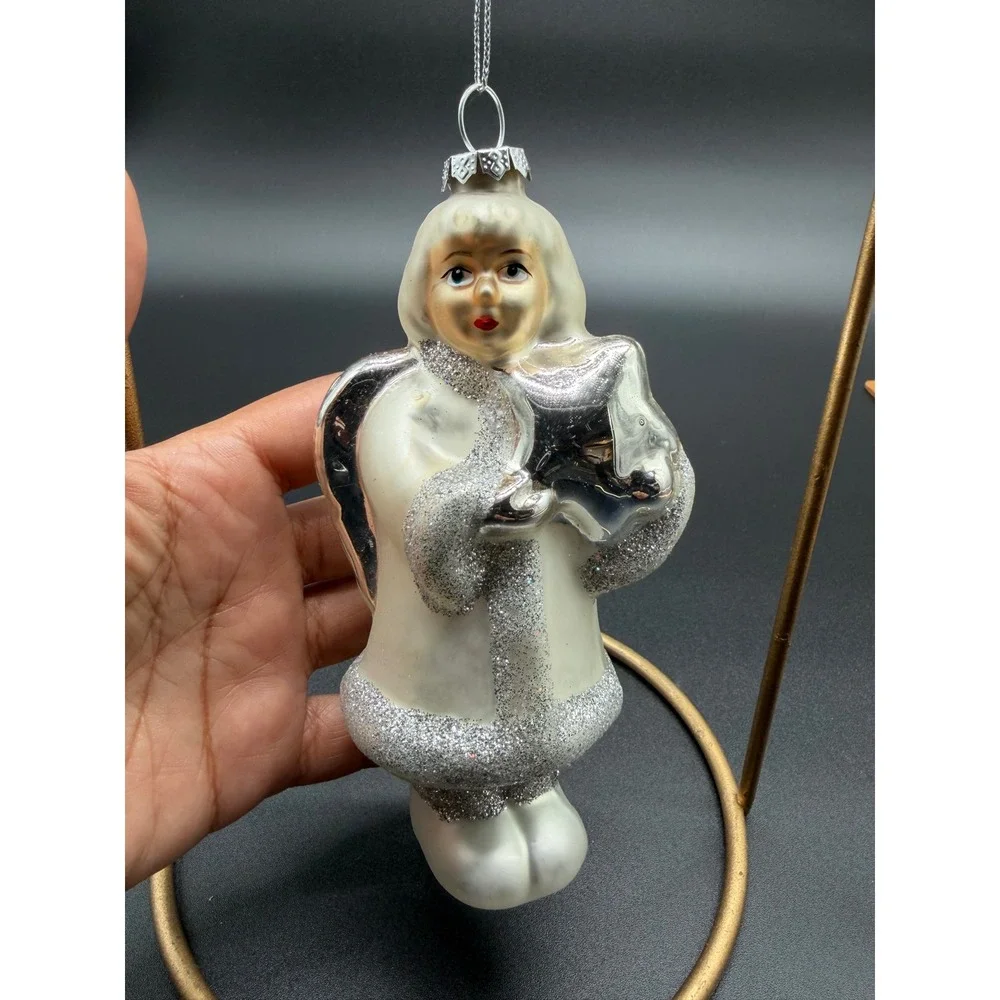 Vintage Blown Glass Angel Christmas‎ Ornament Silver Glitter White Star 6 Inch